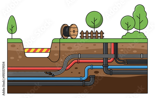 Line art illustration of underground utility network depicting a cross-section of buried conduits for infrastructure projects