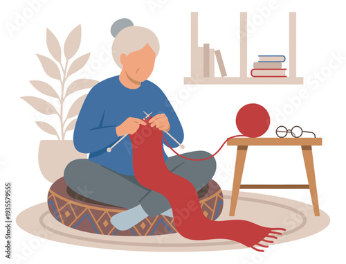 Modern vector illustration of a senior woman depicting her knitting a red scarf for a hobby