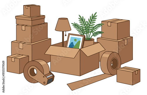 Hand drawn line art moving essentials set featuring cardboard boxes, packing tape, a plant, a lamp, and a framed picture for home relocation