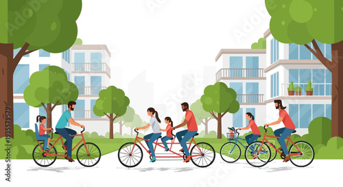 Diverse families cycling together in a modern city park with apartment buildings.