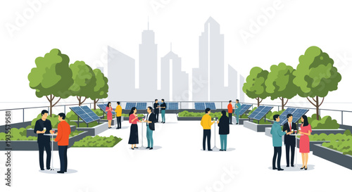 People networking on rooftop garden with solar panels and city skyline