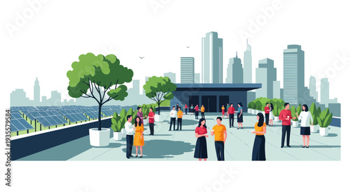 Diverse people gather on rooftop with city skyline and solar panels