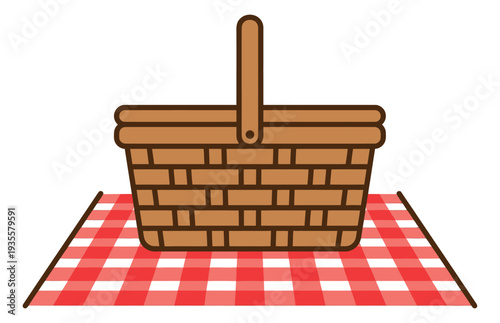 Simple style illustration of a picnic basket and checkered blanket depicting them ready for an outdoor meal for summer events