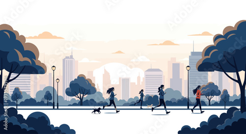 People jogging and walking dogs in a city park during sunset, urban lifestyle