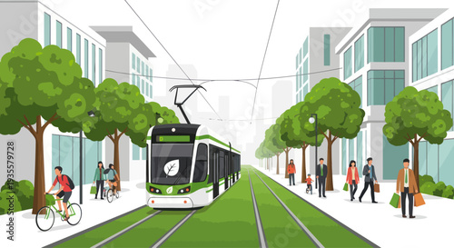 Green tram on grass tracks in modern city with people and trees