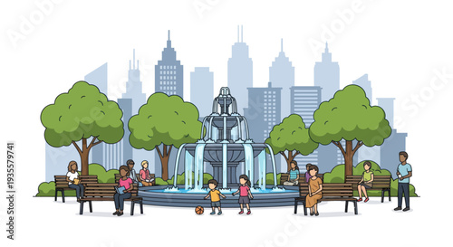 City park with fountain, trees, people relaxing and children playing, cityscape background