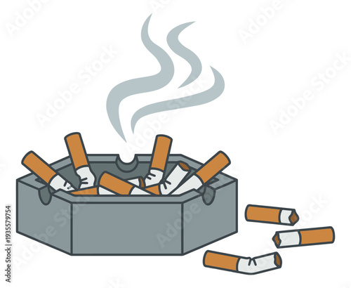 Line art illustration of a full ashtray depicting smoking cigarette butts and scattered debris for public health information