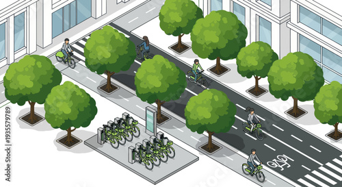 Isometric city street with bike sharing station and people cycling
