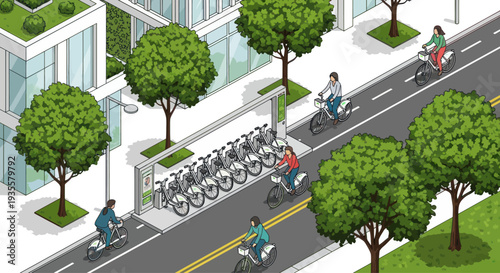 Isometric Urban Bicycle Sharing Station with People Riding Bikes