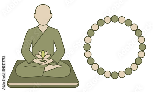 Line art spiritual set featuring a meditating monk holding a lotus flower and mala beads for mindfulness