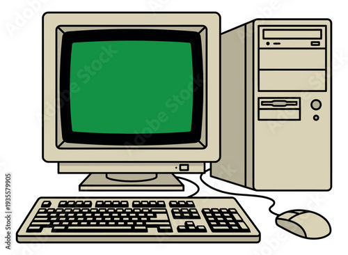 Hand drawn illustration of a retro desktop computer depicting a green screen for nostalgic technology