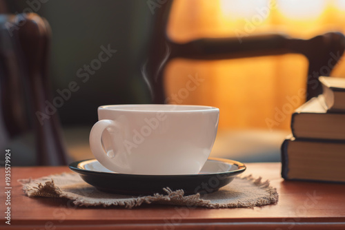 Cozy morning coffee steam with books on wooden table in warm home light