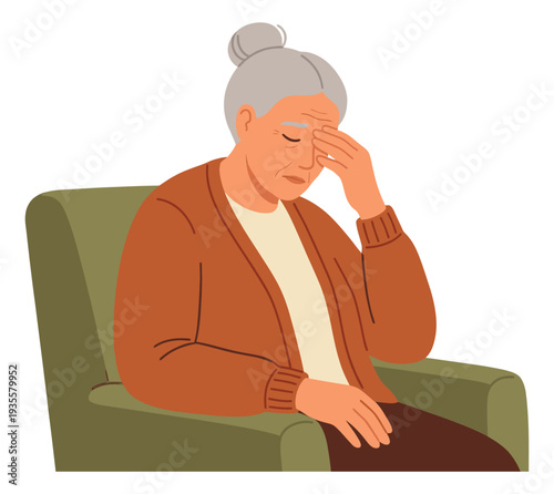 Flat style illustration of an elderly woman depicting stress and discomfort for health and well-being concepts