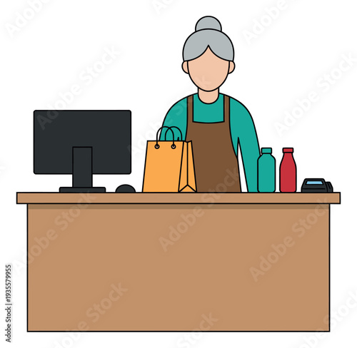 Line art illustration of a mature female cashier depicting her working at a retail counter