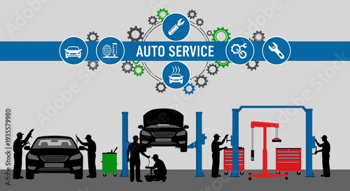 Graphic illustration of people working at an auto service station with various tools and vehicles