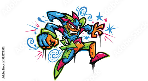 Colorful Cartoon Superhero Character in Dynamic Graffiti Style.