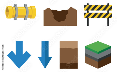 Modern flat design engineering elements set featuring an underground pipe, excavation pit, road barrier, down arrows, and soil layers for infrastructure and construction