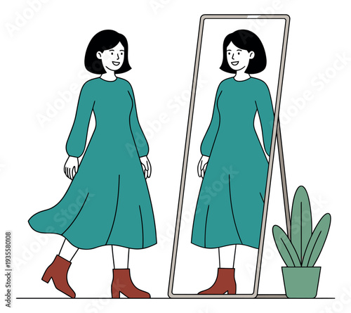 Line art illustration of a happy woman looking in a mirror for self-reflection and confidence