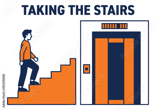 Line art illustration of a man depicting taking the stairs instead of an elevator for a healthy lifestyle
