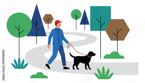 Modern geometric illustration of a man and his dog depicting a leisurely walk for a park setting