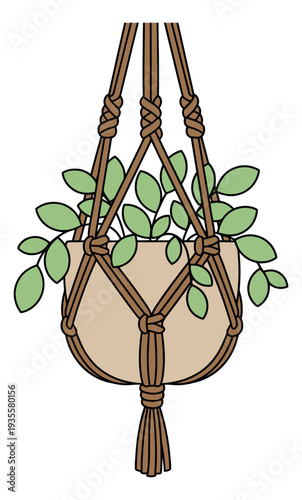 Hand drawn illustration of a macrame plant hanger depicting a potted plant for bohemian home decor