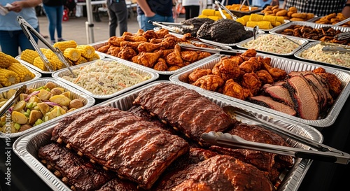 A large spread of barbecue foods in aluminum trays including ribs chicken and corn on cob outdoors