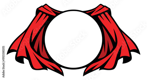 Comic book style illustration of a red hero cape depicting a blank circular frame for a logo or avatar