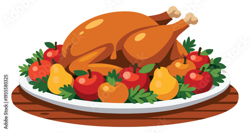 Flat design illustration of a roasted turkey on a platter with fruits depicting a festive holiday dinner for celebrations