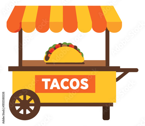 Flat design illustration of a taco cart depicting a savory taco for Mexican cuisine