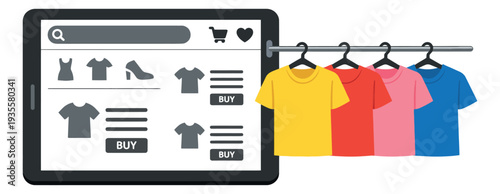 Flat design online shopping illustration set featuring a tablet displaying an e-commerce app and colorful t-shirts on a clothing rack for digital fashion retail