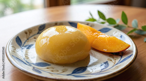 Mango-Flavored Mochi with Fresh Mango Slice on a Blue-and-White Ceramic Plate