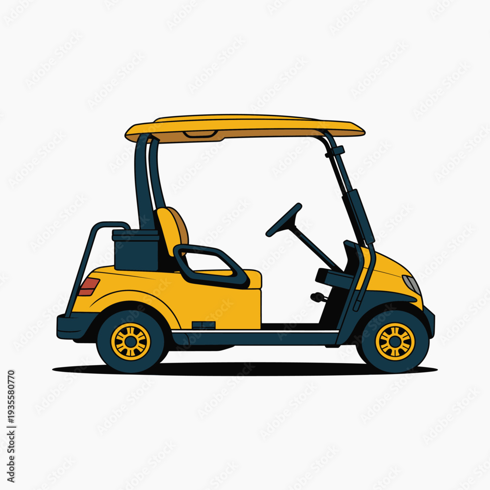 Naklejka premium Yellow golf cart with black accents and roof vehicle transportation vector illustration isolated on white background