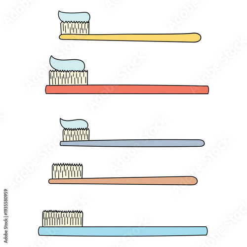 Hand-drawn cartoon set of toothbrushes on a white background.