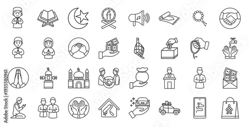 Eid mubarak outline icon set. Contain paying zakat, takbeer, khutbah,  eid prayers, reading quran, infaq, tasbeeh, tahmid, tahlil, istighfar, apologizing, homecoming.