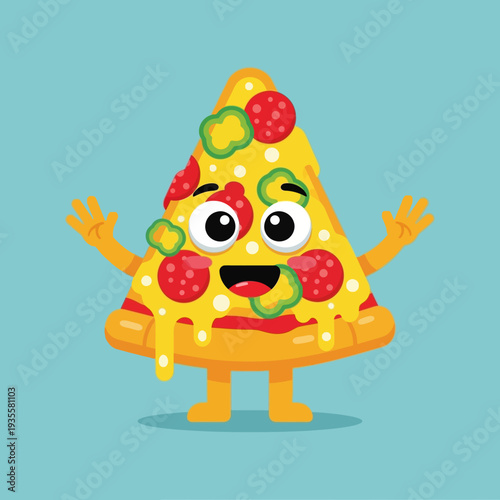 Happy Cartoon Pizza Slice Character with Pepperoni and Green Peppers, Cheesy and Cheerful