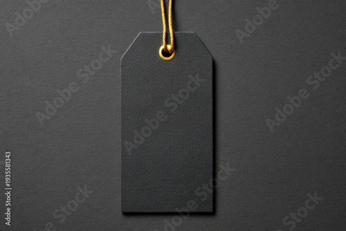 Black tag with gold string on dark background blank label