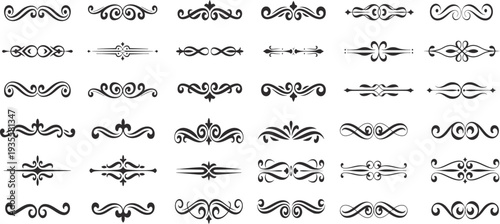 Collection of various ornate swirling design elements and dividers on white background