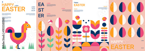 Collection geometric Easter poster collection with colorful floral motifs, cute animals and decorative egg illustrations modern typography vector set for festive campaigns