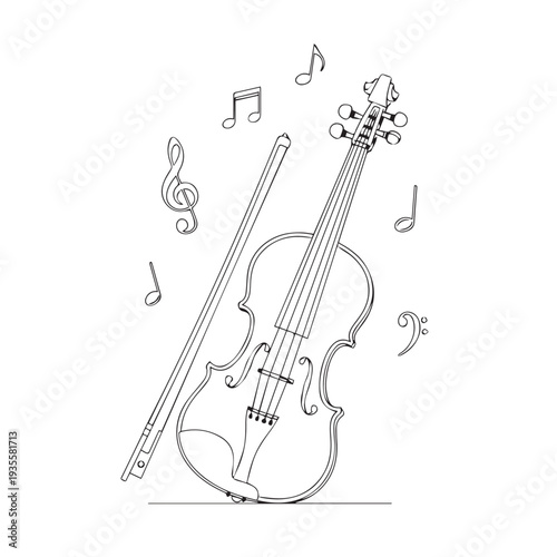 Elegant violin with bow and musical notes illustration in monochrome.