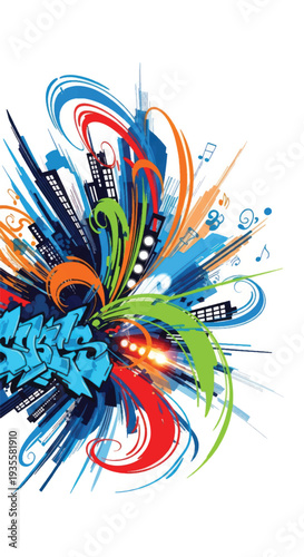 Colorful abstract urban graffiti swirl with musical elements.