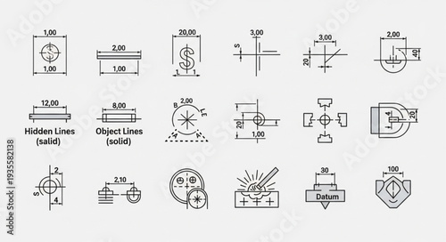 Technical Drawing Symbols and Measurements Collection.