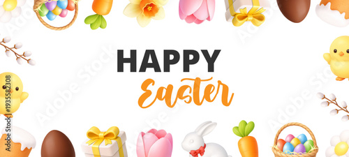 Happy Easter banner with spring icons, bunny, eggs and flowers. 3D realistic holiday design