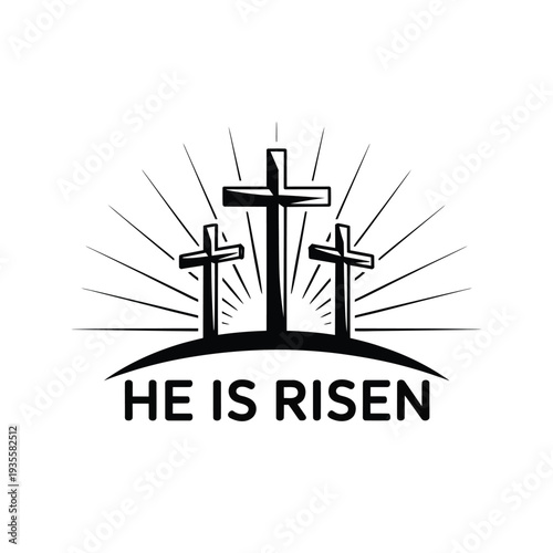 Three crosses silhouetted against a radiant burst with he is risen