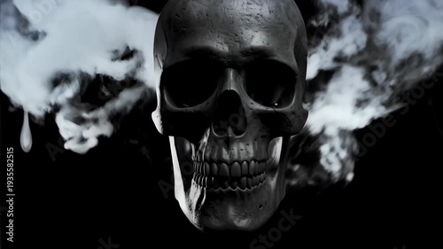 Dark skull rendered in 3D against black background surrounded by flowing ethereal smoke or vapor clouds adding mystical dimension