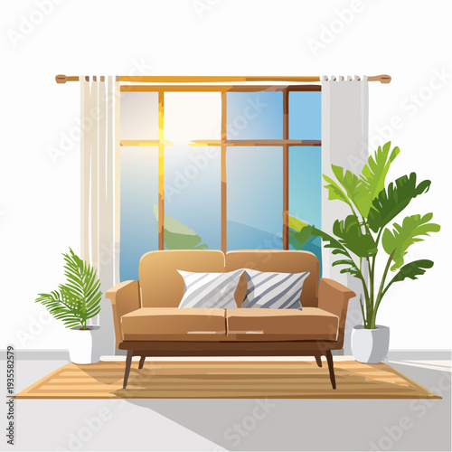 Bright and modern living room interior with cozy sofa, green plants, and sunlit window view