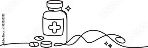 Simple medicine bottle and pills line icon on white background