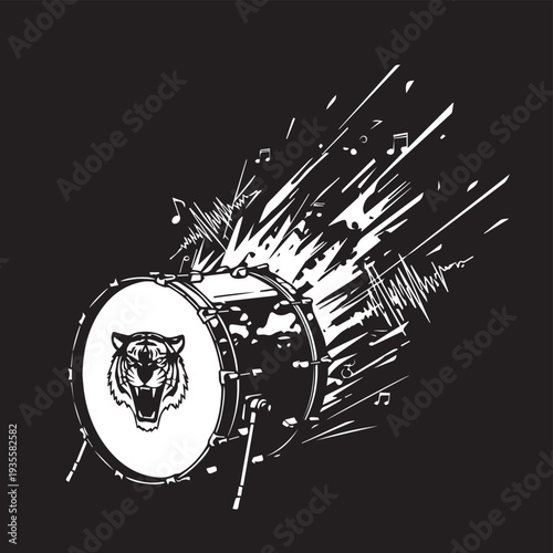 Dynamic black and white drum with explosive splash pattern and tiger emblem illustration.