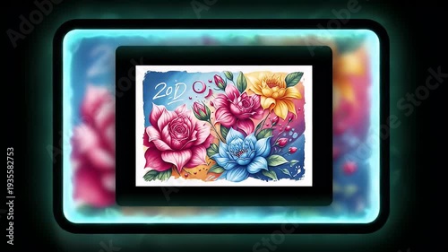 Flowers artwork in a black frame with yellow light border on a blurred background