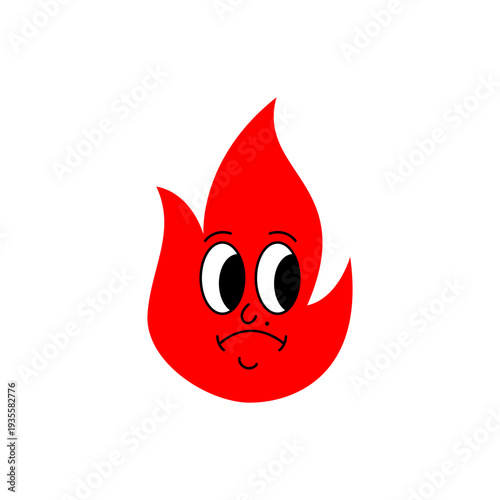 Funny red flame face with doubtful mouth and glancing eyes. Cartoon fire character illustration with playful expression.