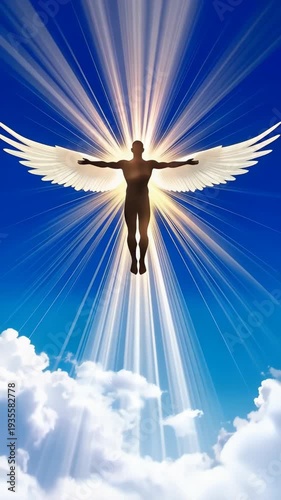 Winged figure soars through the sky with light streams and cloudscape, conceptualizing spirituality and transcendence.